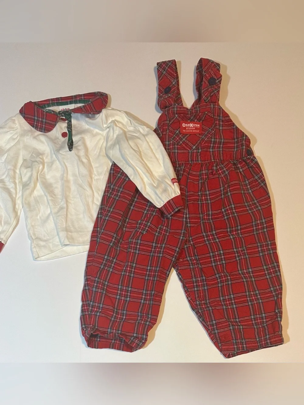 Vtg 90s Osh Kosh Overalls Set Plaid USA Made Bow Loop Straps